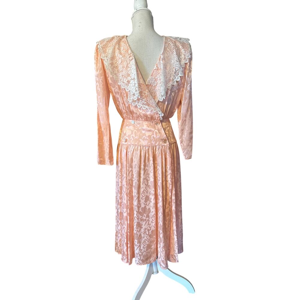 Vintage 80s Dawn Joy Peach Lace Jaquard‎ Satun Dress 7/8 Bridal Tea Party